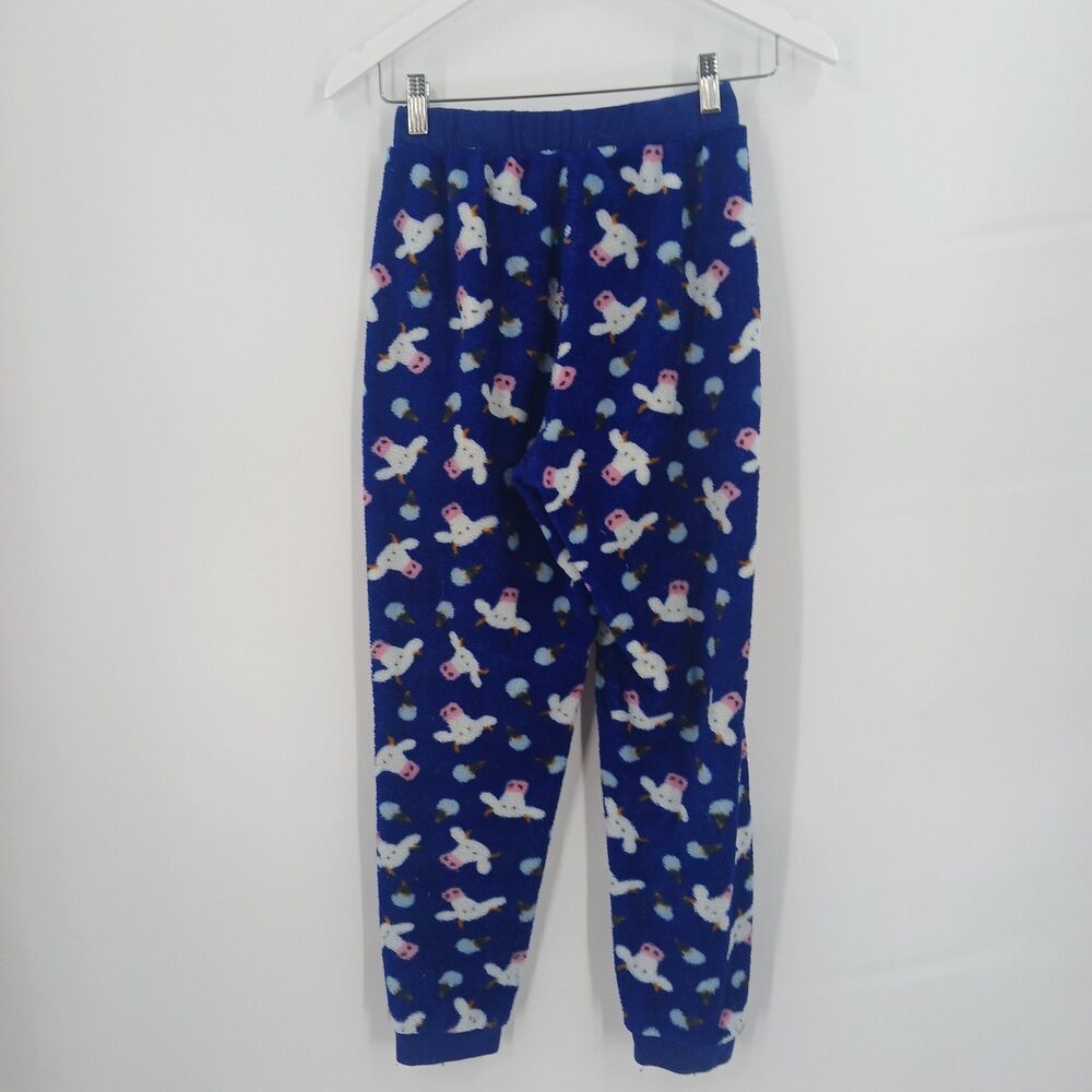 Women's Cow face print Fleece Pajama Pants Elastic Waist White blue Size XS